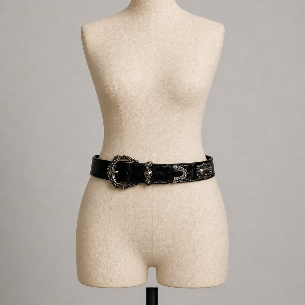 Brighton Black Leather Western Buckle Belt with Silver Hardware
